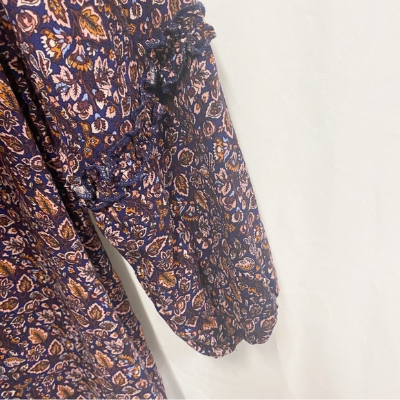 Bobeau Navy & Brown Boho Ditsy Floral V-neck Tassel Blouse - Picture 7 of 9